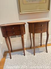 MaxSold Auction: Pair of Inlaid Wood Two-Drawer Side Tables on Cabriole Legs - Toronto (Ontario, Canada) SELLER MANAGED Downsizing Online Auction - Bridgeland Avenue (STORAGE)