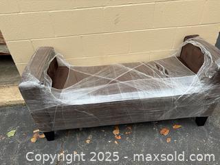 MaxSold Auction: Brown/Taupe Woven Fabric Loveseat with Dark Wooden Legs - Decatur (Georgia, USA) SELLER MANAGED Reseller Online Auction - Snapfinger Woods Drive (STORAGE)