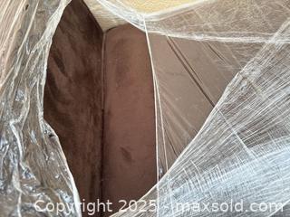 MaxSold Auction: Brown/Taupe Woven Fabric Loveseat with Dark Wooden Legs - Decatur (Georgia, USA) SELLER MANAGED Reseller Online Auction - Snapfinger Woods Drive (STORAGE)