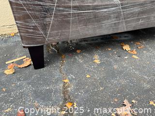 MaxSold Auction: Brown/Taupe Woven Fabric Loveseat with Dark Wooden Legs - Decatur (Georgia, USA) SELLER MANAGED Reseller Online Auction - Snapfinger Woods Drive (STORAGE)