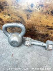 MaxSold Auction: Lot of 2 Cast Iron Dumbbells — 10 lb & 25 lb (Chrome) - Garden City (Georgia, USA) SELLER MANAGED Downsizing Online Auction - Bryce Industrial Drive