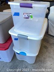 MaxSold Auction: Lot of 5 Plastic Storage Bins/Totes, Sterilite & Generic - Garden City (Georgia, USA) SELLER MANAGED Downsizing Online Auction - Bryce Industrial Drive