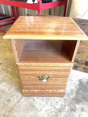 MaxSold Auction: Medium Oak Laminate Nightstand with Drawer and Open Shelf - Garden City (Georgia, USA) SELLER MANAGED Downsizing Online Auction - Bryce Industrial Drive