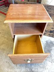 MaxSold Auction: Medium Oak Laminate Nightstand with Drawer and Open Shelf - Garden City (Georgia, USA) SELLER MANAGED Downsizing Online Auction - Bryce Industrial Drive