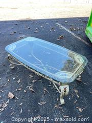 MaxSold Auction: Vintage Glass-Top Coffee Table with Hand-Painted Floral Frame - Garden City (Georgia, USA) SELLER MANAGED Downsizing Online Auction - Bryce Industrial Drive