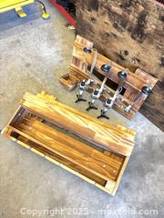 MaxSold Auction: Wall-mounted Wood Wine/Liquor Bottle Rack, Honey Stain - Garden City (Georgia, USA) SELLER MANAGED Downsizing Online Auction - Bryce Industrial Drive