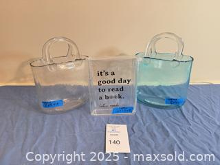 MaxSold Auction: Set of 3 Decorative Glass Totes/Vases, Clear &#38; Aqua - Lakeland (Florida, USA) PARTNER MANAGED Estate Sale Online Auction - Canyon Lake Point