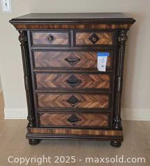 MaxSold Auction: Traditional 5-Drawer Wood Tall Dresser with Herringbone Front - Lakeland (Florida, USA) PARTNER MANAGED Estate Sale Online Auction - Canyon Lake Point