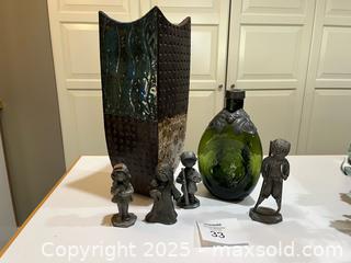 MaxSold Auction: Teal/Brown Glazed Bottle & Vases with 4 Small Metal Figurines - Fort Washington (Maryland, USA) SELLER MANAGED Estate Sale Online Auction - Hatton Point Road