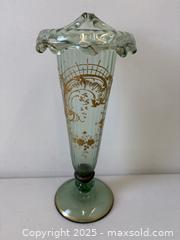 MaxSold Auction: C.1900 Vaseline Footed Moser Art Nouveau Cornucopia Gold Overlay Green Glass Vase - Toronto (Ontario, Canada) PARTNER MANAGED Reseller Online Auction - Railside Road
