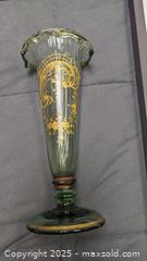 MaxSold Auction: C.1900 Vaseline Footed Moser Art Nouveau Cornucopia Gold Overlay Green Glass Vase - Toronto (Ontario, Canada) PARTNER MANAGED Reseller Online Auction - Railside Road