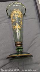 MaxSold Auction: C.1900 Vaseline Footed Moser Art Nouveau Cornucopia Gold Overlay Green Glass Vase - Toronto (Ontario, Canada) PARTNER MANAGED Reseller Online Auction - Railside Road