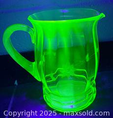 MaxSold Auction: C.1930 Large Uranium Vaseline Green Glass Ribbed Pitcher 8.5&#34; - Toronto (Ontario, Canada) PARTNER MANAGED Reseller Online Auction - Railside Road