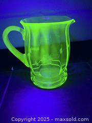 MaxSold Auction: C.1930 Large Uranium Vaseline Green Glass Ribbed Pitcher 8.5&#34; - Toronto (Ontario, Canada) PARTNER MANAGED Reseller Online Auction - Railside Road