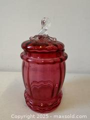 MaxSold Auction: Victorian Cranberry Art Glass Lidded Apothecary Candy Jar 6&#34; - Toronto (Ontario, Canada) PARTNER MANAGED Reseller Online Auction - Railside Road