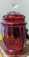MaxSold Auction: Victorian Cranberry Art Glass Lidded Apothecary Candy Jar 6&#34; - Toronto (Ontario, Canada) PARTNER MANAGED Reseller Online Auction - Railside Road