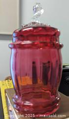 MaxSold Auction: Victorian Cranberry Art Glass Lidded Apothecary Candy Jar 6&#34; - Toronto (Ontario, Canada) PARTNER MANAGED Reseller Online Auction - Railside Road