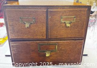 MaxSold Auction: Antique Macey Oak File Card Cabinet 3 Drawer Original Hardware Tiger Quartersaw - Markham (Ontario, Canada) SELLER MANAGED Downsizing Online Auction - Loring Crescent