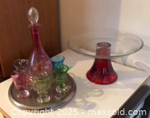 MaxSold Auction: Vintage Colored Glass Decanter Set with Metal Tray & Glass Compote - Ottawa (Ontario, Canada) PARTNER MANAGED Estate Sale Online Auction - South River Drive