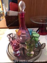 MaxSold Auction: Vintage Colored Glass Decanter Set with Metal Tray & Glass Compote - Ottawa (Ontario, Canada) PARTNER MANAGED Estate Sale Online Auction - South River Drive