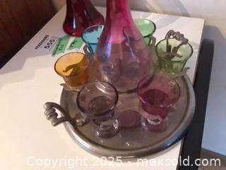 MaxSold Auction: Vintage Colored Glass Decanter Set with Metal Tray & Glass Compote - Ottawa (Ontario, Canada) PARTNER MANAGED Estate Sale Online Auction - South River Drive