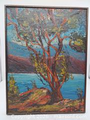 MaxSold Auction: Impasto Oil on Board Landscape - Tree on Shoreline with Mountains - Victoria (British Columbia, Canada) PARTNER MANAGED Estate Sale Online Auction - Hillside Avenue