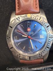 MaxSold Auction: SWISS WENGER ARMY WATCH BLUE DIAL LEATHER BAND WITH CASE. - Hamilton (Ontario, Canada) SELLER MANAGED Estate Sale Online Auction - St. Clair Avenue