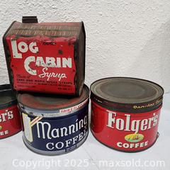 MaxSold Auction: Coffee Tins &#38; Log Cabin Syrup Tin - Sacramento (California, USA) SELLER MANAGED Reseller Online Auction - Arden Way