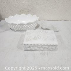 MaxSold Auction: Vintage Milk Glass Lot - Hobnail Bowl, Trinket Box, and Shoe - Sacramento (California, USA) SELLER MANAGED Reseller Online Auction - Arden Way