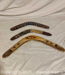 MaxSold Auction: Set of 3 Wooden Returning Boomerangs with Aboriginal Dot Art - Toronto (Ontario, Canada) SELLER MANAGED Downsizing Online Auction - Rutherford Avenue
