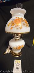 MaxSold Auction: Antique Milk Glass Hurricane-Style Table Lamp with Floral Decal - Vancouver (British Columbia, Canada) PARTNER MANAGED Downsizing Online Auction - Montcalm Street (CONDO)