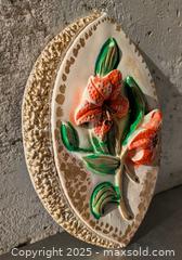 MaxSold Auction: Orange Lillis  Vintage Chalk Ware Plaster Wall Plaque c1950's Kitsch Cottage Core - Barrie (Ontario, Canada) SELLER MANAGED Reseller Online Auction - Innisfil Street (STORAGE)