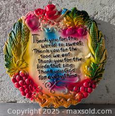 MaxSold Auction: "Thank you God for Everything" blessing - Round Vintage Chalk Ware Plaster Wall Plaque c1950's - Barrie (Ontario, Canada) SELLER MANAGED Reseller Online Auction - Innisfil Street (STORAGE)