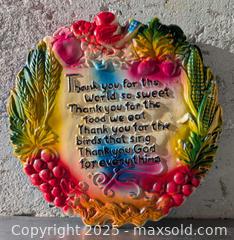 MaxSold Auction: "Thank you God for Everything" blessing - Round Vintage Chalk Ware Plaster Wall Plaque c1950's - Barrie (Ontario, Canada) SELLER MANAGED Reseller Online Auction - Innisfil Street (STORAGE)