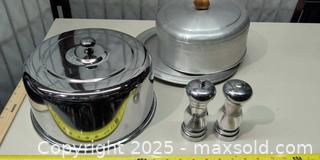 MaxSold Auction: Aluminum Cake Dome with Base + Salt &#38; Pepper Shakers and Stainless Cake Cover - Warwick (Rhode Island, USA) SELLER MANAGED Reseller Online Auction - Warwick Avenue