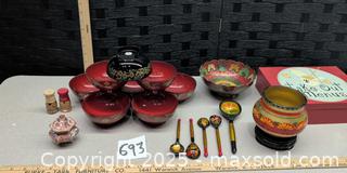 MaxSold Auction: Assorted Lacquerware Bowl Set with Painted Spoons &#38; Accessories - Warwick (Rhode Island, USA) SELLER MANAGED Reseller Online Auction - Warwick Avenue