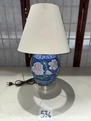 MaxSold Auction: Blue Floral Ceramic Urn Table Lamp with White Fabric Shade - Warwick (Rhode Island, USA) SELLER MANAGED Reseller Online Auction - Warwick Avenue
