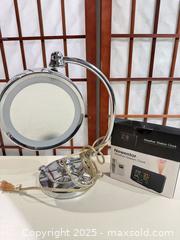 MaxSold Auction: Chrome Lighted Tabletop Vanity Mirror with Weather Station Clock - Warwick (Rhode Island, USA) SELLER MANAGED Reseller Online Auction - Warwick Avenue