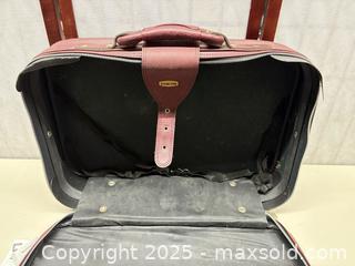 MaxSold Auction: Flying Time Vintage Hard-Sided Carry-On, Burgundy - Warwick (Rhode Island, USA) SELLER MANAGED Reseller Online Auction - Warwick Avenue