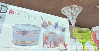 MaxSold Auction: Hammered Stainless Steel Party Tubs with Gold Color Band &#38; Large Party Glasses - Warwick (Rhode Island, USA) SELLER MANAGED Reseller Online Auction - Warwick Avenue