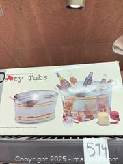 MaxSold Auction: Hammered Stainless Steel Party Tubs with Gold Color Band &#38; Large Party Glasses - Warwick (Rhode Island, USA) SELLER MANAGED Reseller Online Auction - Warwick Avenue