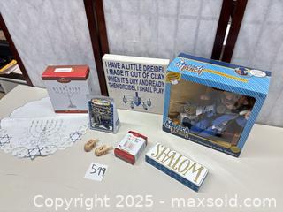 MaxSold Auction: Hanukkah Decor & Toys Lot — Menorahs, Dreidels, Runner - Warwick (Rhode Island, USA) SELLER MANAGED Reseller Online Auction - Warwick Avenue
