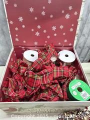 MaxSold Auction: Holiday Christmas Tartan Ribbon Lot with Decorative Wooden Box - Warwick (Rhode Island, USA) SELLER MANAGED Reseller Online Auction - Warwick Avenue