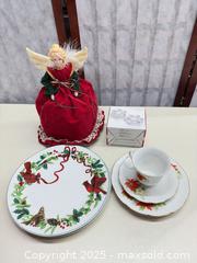 MaxSold Auction: Holiday Lot: Angel Figurine, Decorated Dinner Plates, Poinsettia Tea Set - Warwick (Rhode Island, USA) SELLER MANAGED Reseller Online Auction - Warwick Avenue