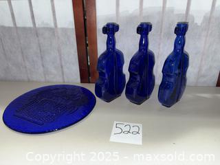 MaxSold Auction: Lot: 3 Cobalt Violin-Shaped Glass Bottles and Matching Plate - Warwick (Rhode Island, USA) SELLER MANAGED Reseller Online Auction - Warwick Avenue
