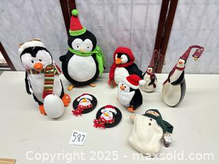 MaxSold Auction: Lot of 9 Holiday Penguin and Snowman Decorations - Warwick (Rhode Island, USA) SELLER MANAGED Reseller Online Auction - Warwick Avenue