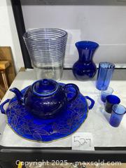 MaxSold Auction: Mixed Cobalt Blue Glassware Set: Teapot, Tray, Vases &#38; Tumblers - Warwick (Rhode Island, USA) SELLER MANAGED Reseller Online Auction - Warwick Avenue