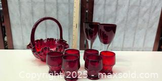 MaxSold Auction: Mixed Ruby Red Glassware Set, 9 Pieces (Fenton Basket) - Warwick (Rhode Island, USA) SELLER MANAGED Reseller Online Auction - Warwick Avenue