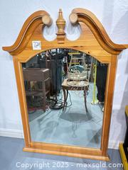 MaxSold Auction: Vintage Wall Mirror with Decorative Crest, Honey Wood - Warwick (Rhode Island, USA) SELLER MANAGED Reseller Online Auction - Warwick Avenue