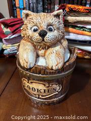 MaxSold Auction: Ceramic Novelty Cookie Jar — Cat in Barrel with 'COOKIES' Plaque - Maple Ridge (British Columbia, Canada) PARTNER MANAGED Estate Sale Online Auction - Blanshard Street (STORAGE)
